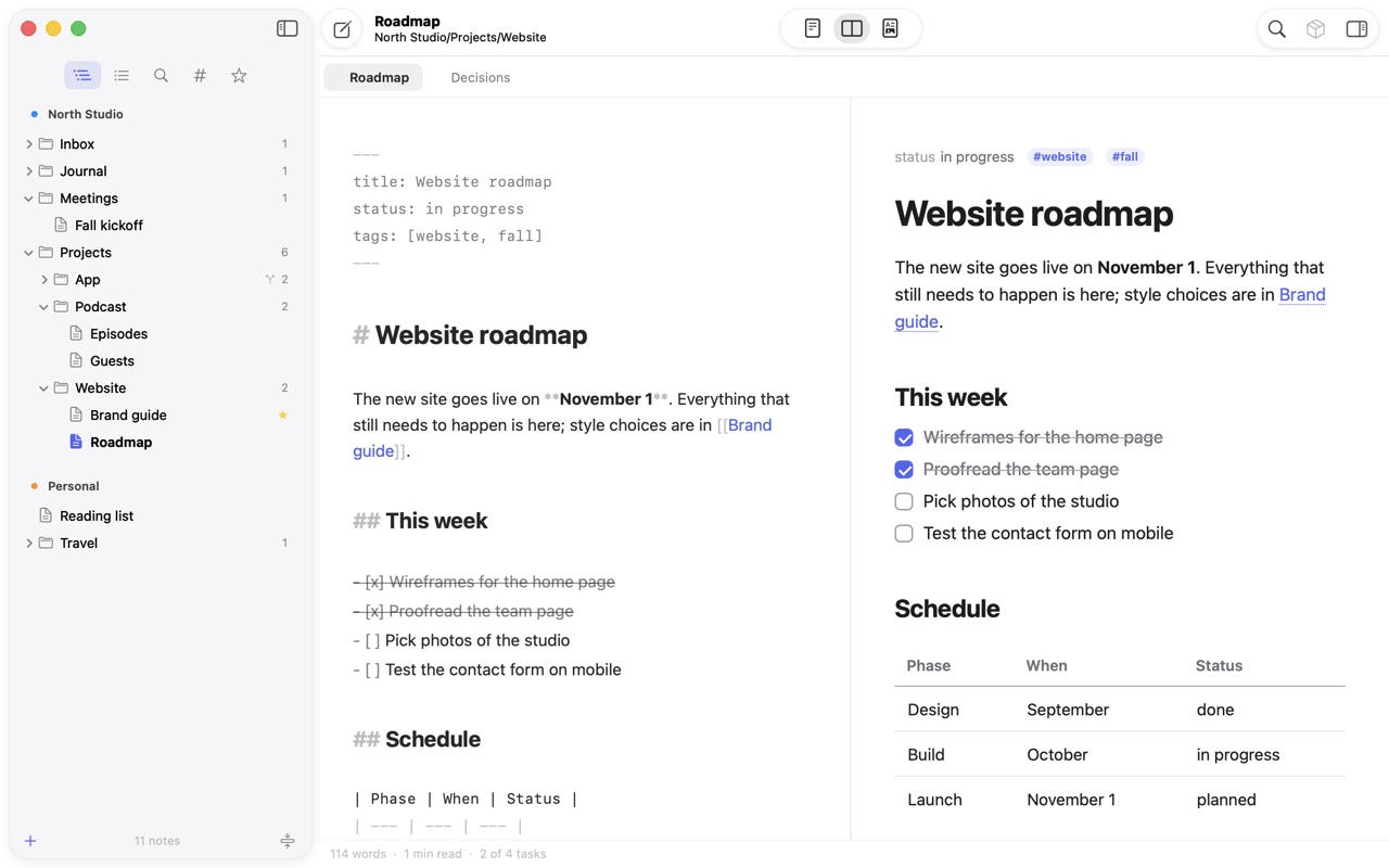 The MDTree window with the tree of projects and notes on the left, the Markdown source of the note Website roadmap in the middle, and the rendered preview with a task list and a table on the right