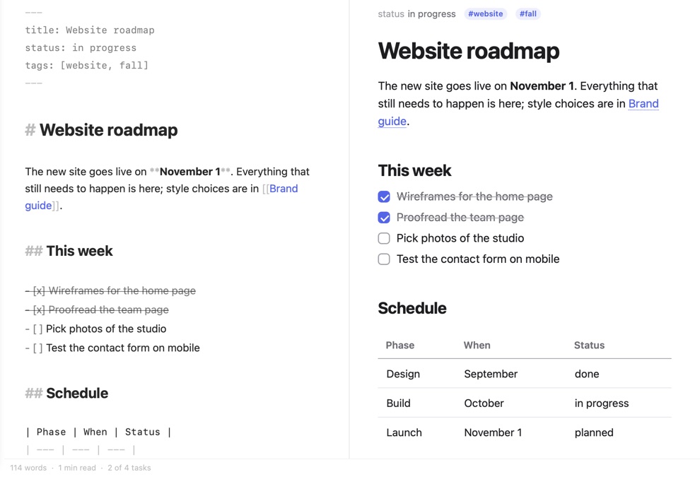 The editor with the Markdown text in a centred column, the markup in light grey, and next to it the preview with heading, task list and table