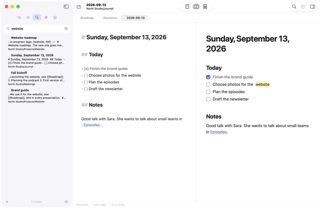 Searching for the word website: the sidebar lists four notes with a snippet each, and the match is highlighted in yellow in the open note