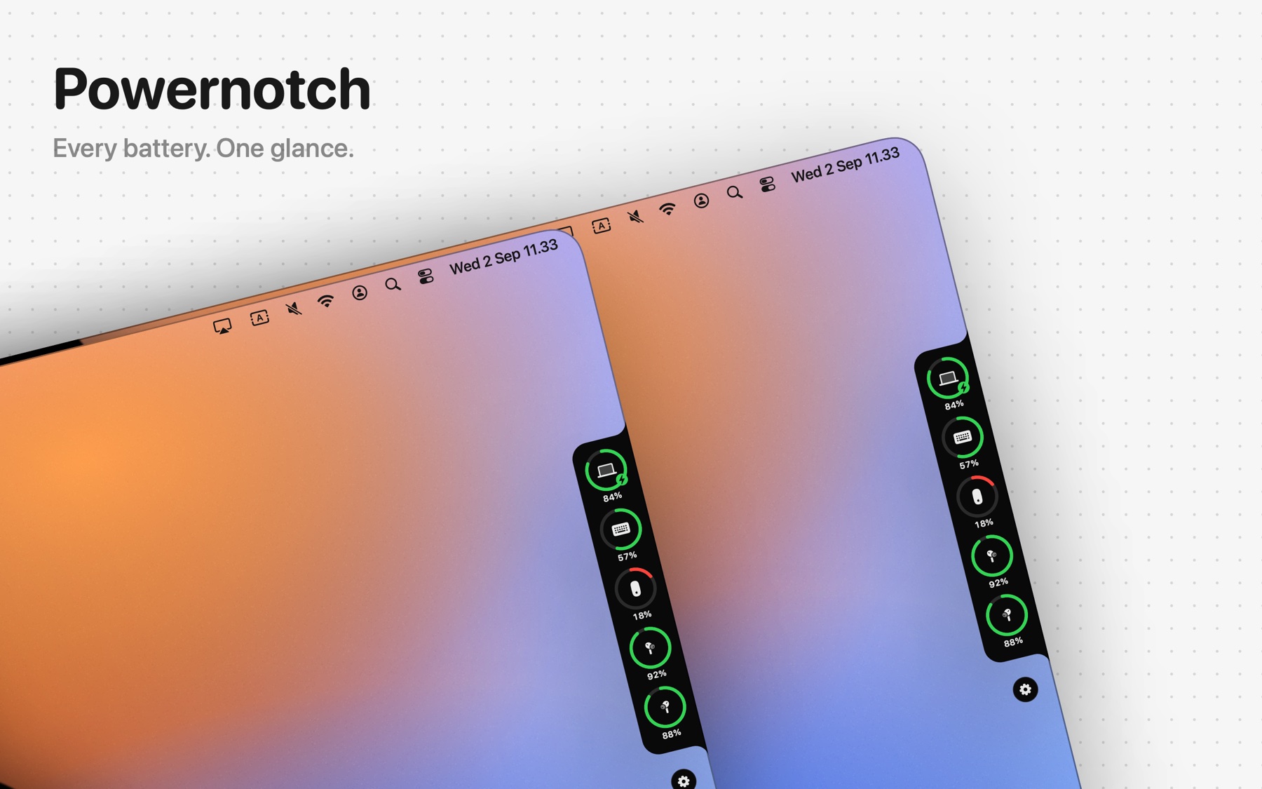 Powernotch side panel on two tilted Mac screens, showing battery rings for the Mac, keyboard, mouse and AirPods