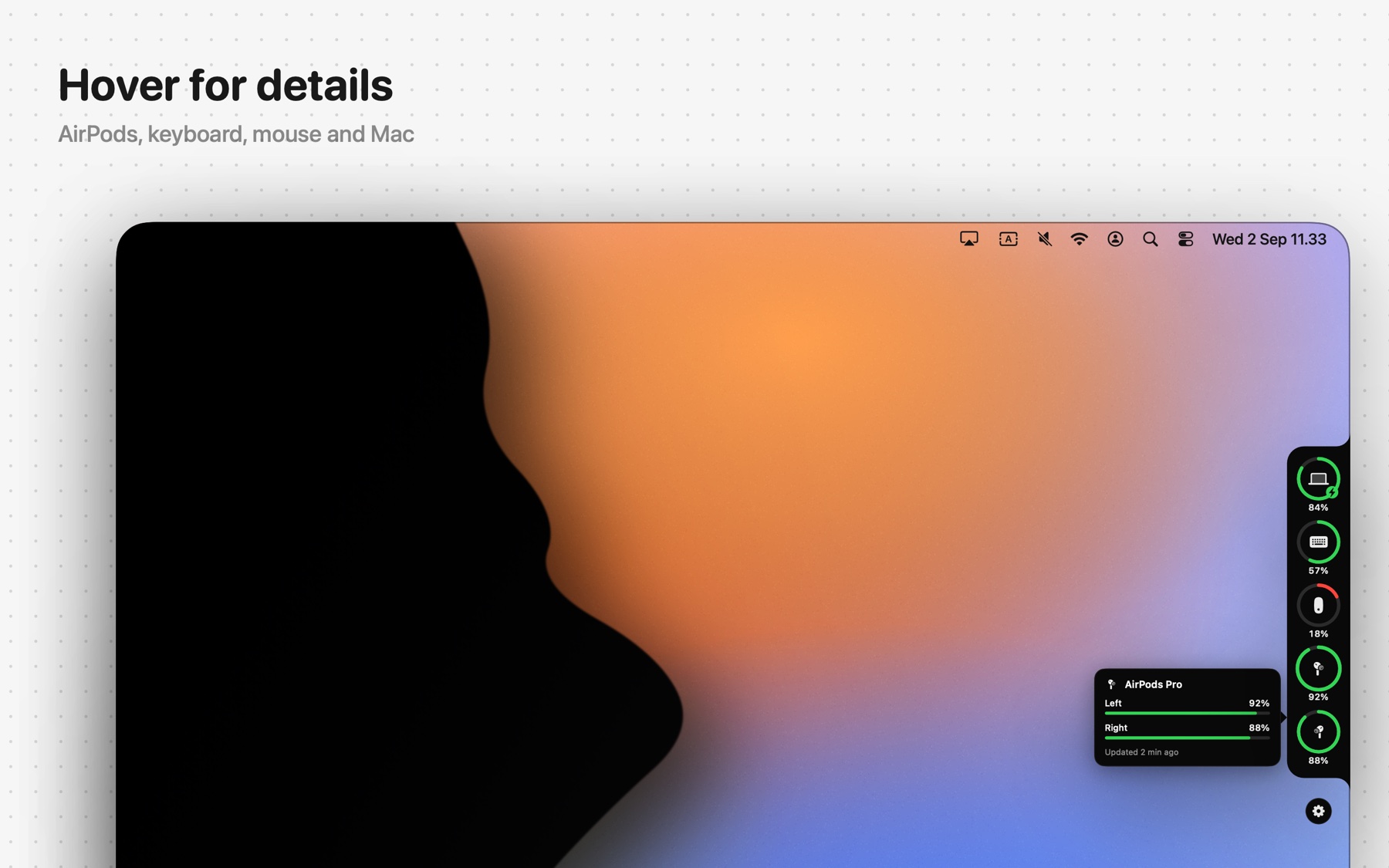 Hovering the AirPods ring shows a detail card with the left and right earbud levels